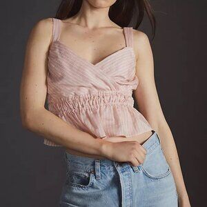 NWT! Anthro Maeve Shirred Striped Peplum Cropped Top, Pink Rose, Size Small